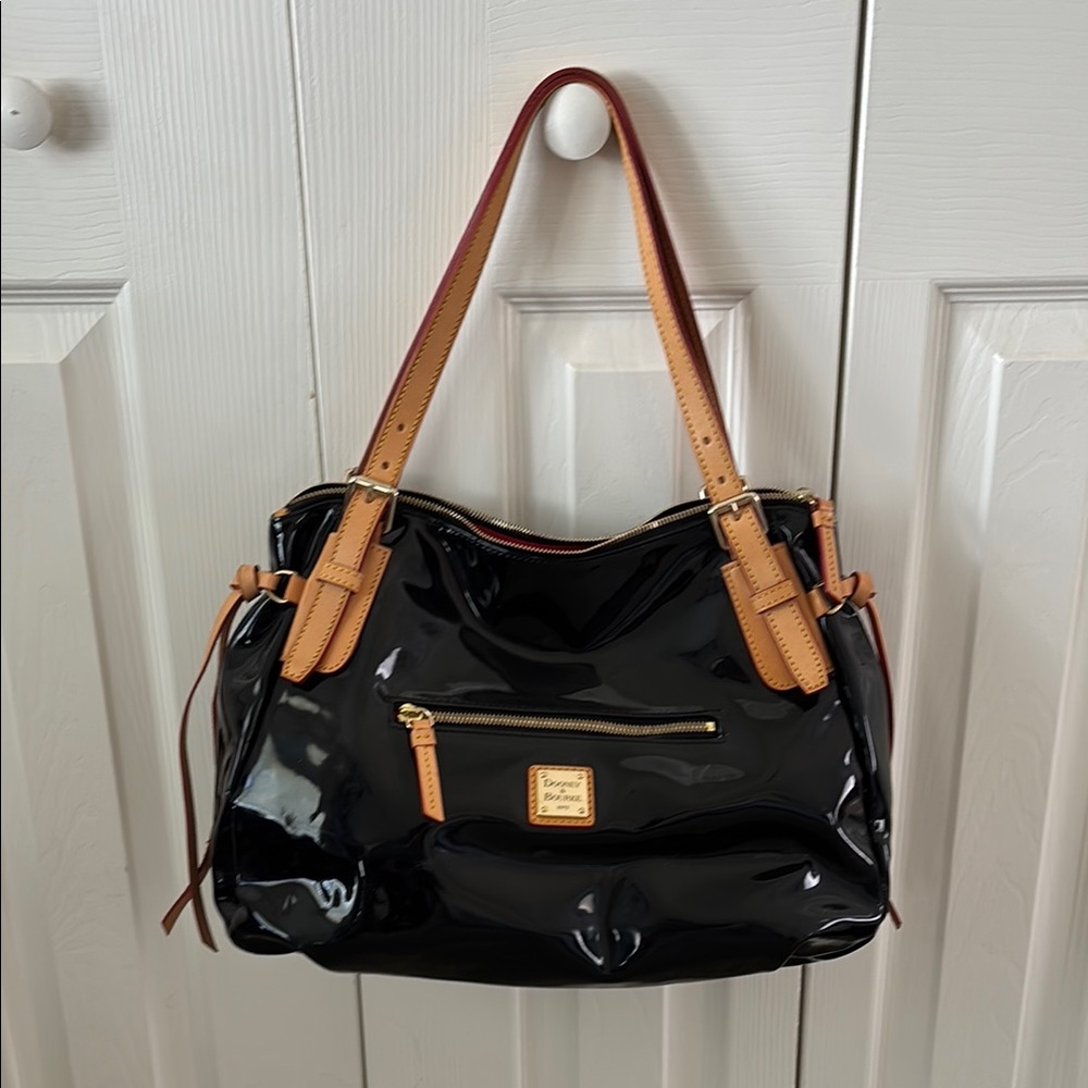Dooney & Bourke Black and Tan Shoulder Bag with Glossy Finish